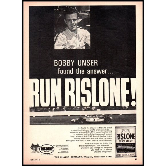 1968 Rislone Bobby Unser Photo Racing Motor Oil Vintage Print Ad Wall Art Decor - Picture 1 of 1